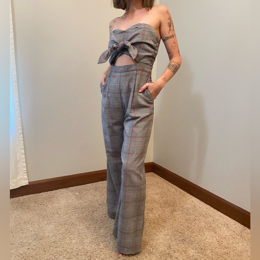 Plaid Strapless Cutout Jumpsuit